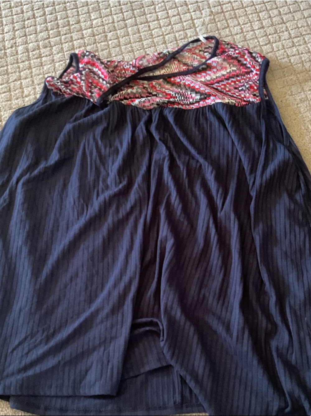 Women’s Navy Tank Top with Pink Patterned Yoke